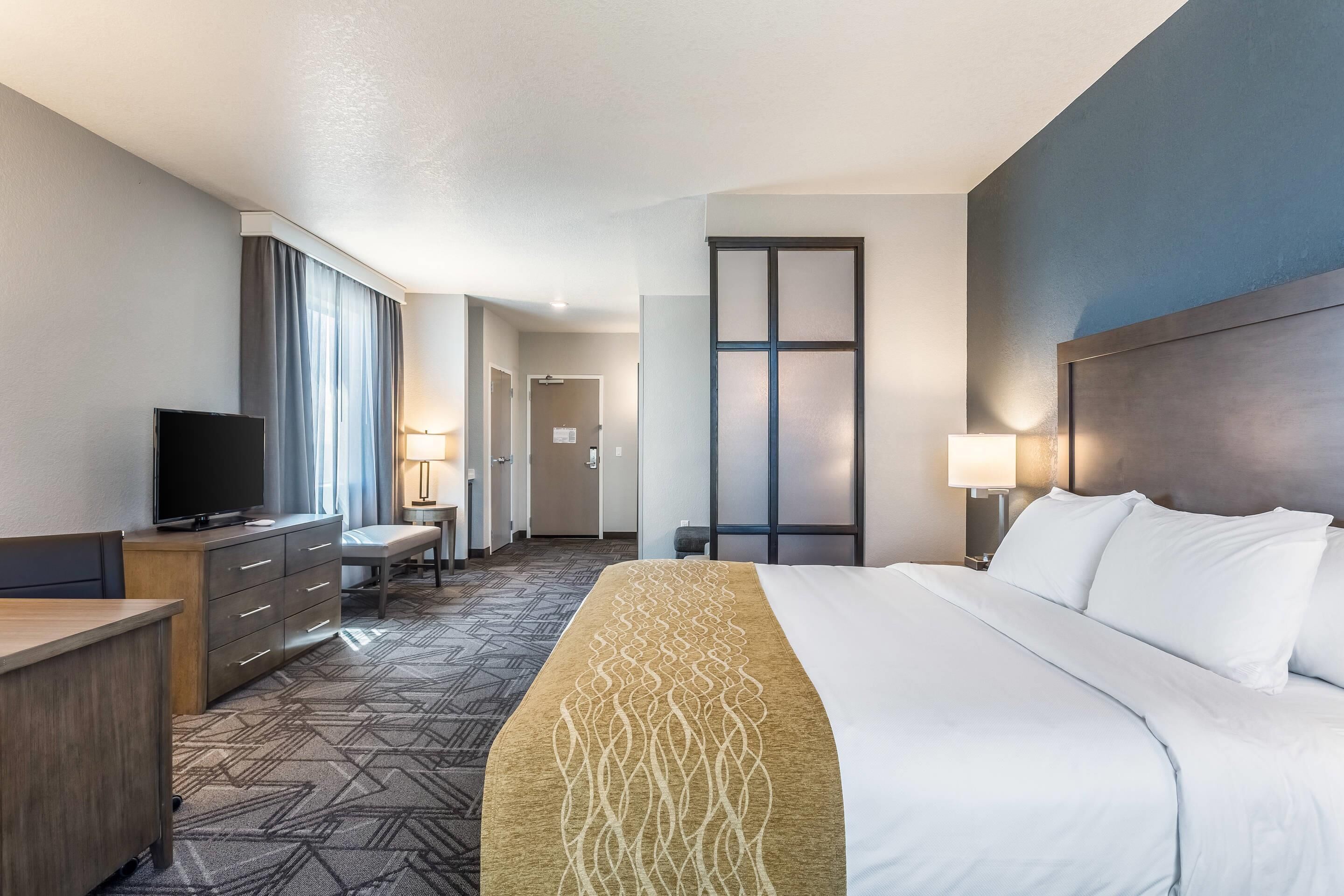 A hotel room with a large bed, a desk, a television, and a window with curtains.