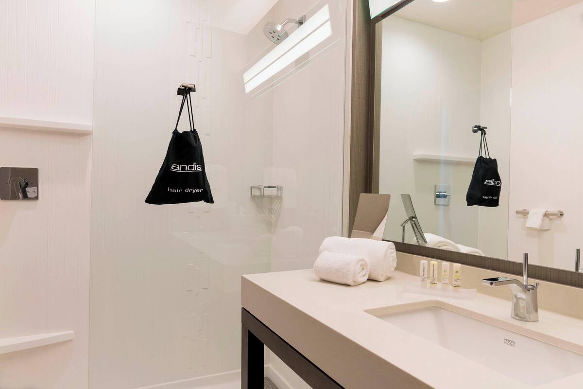 room, 1 king bed with sofa bed | bathroom | shower, hair dryer, towels