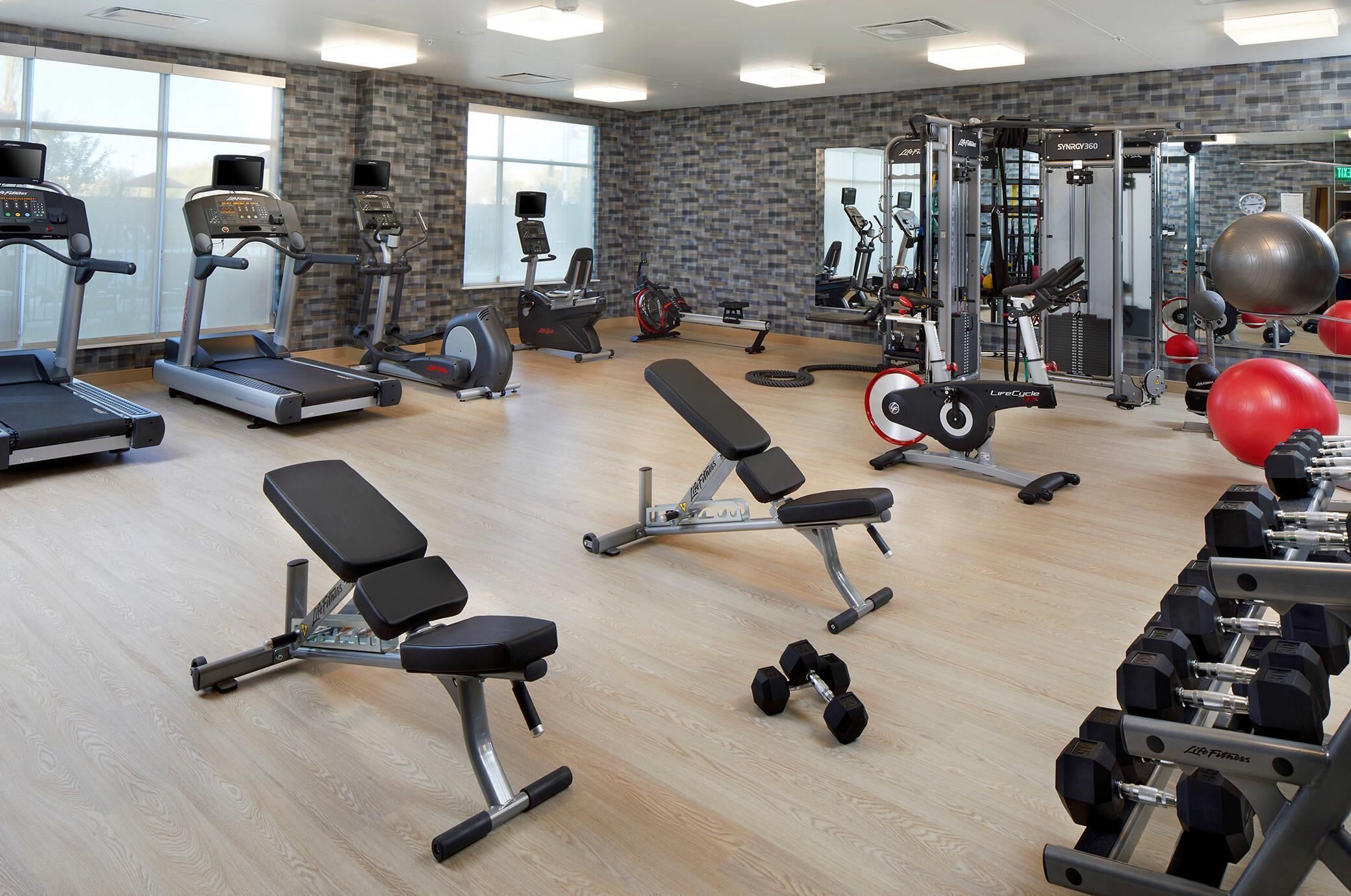 A gym with treadmills, elliptical machines, a bench, dumbbells, and a mirror wall.