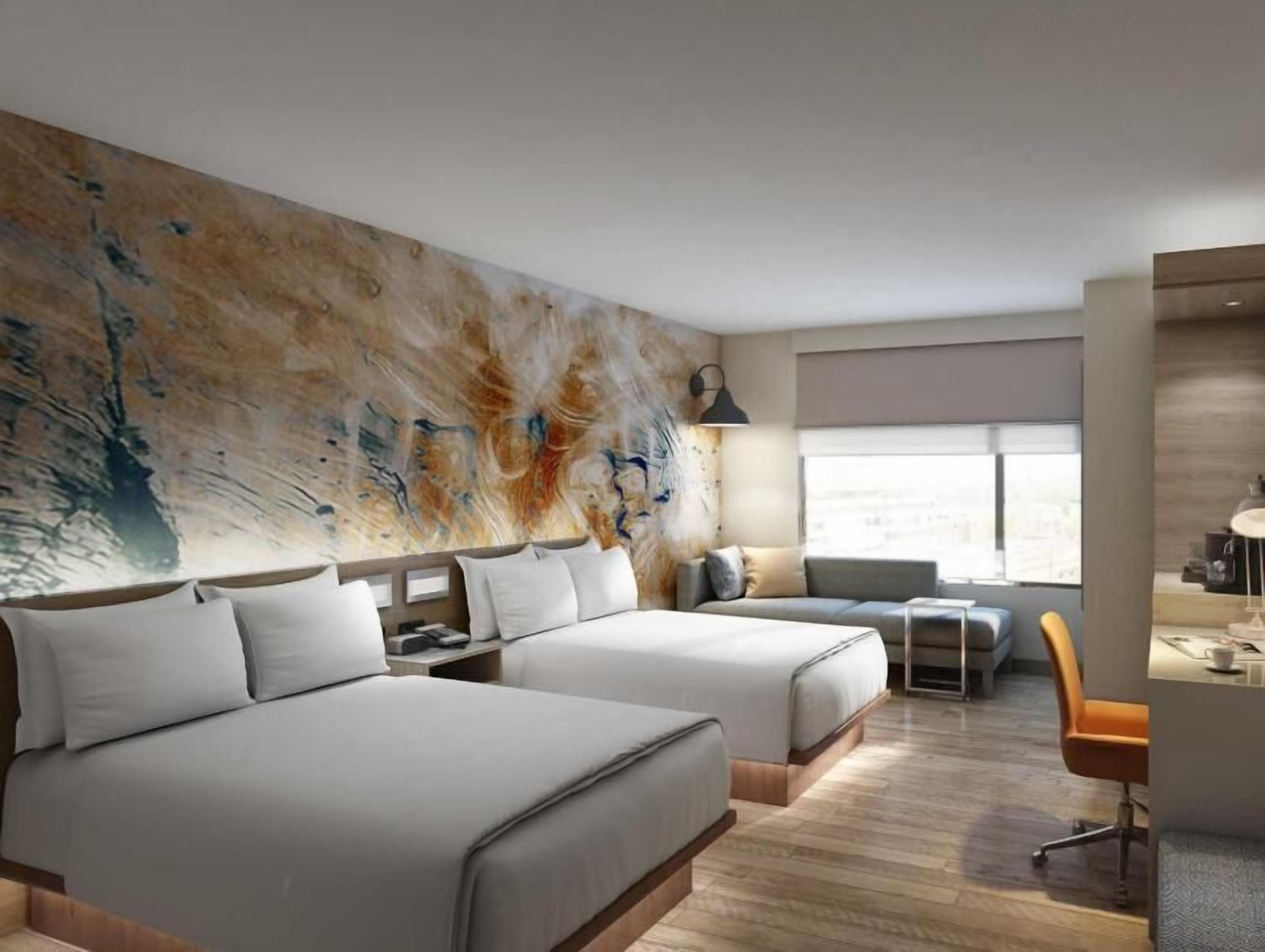 Premium bedding, desk, laptop workspace, iron/ironing board