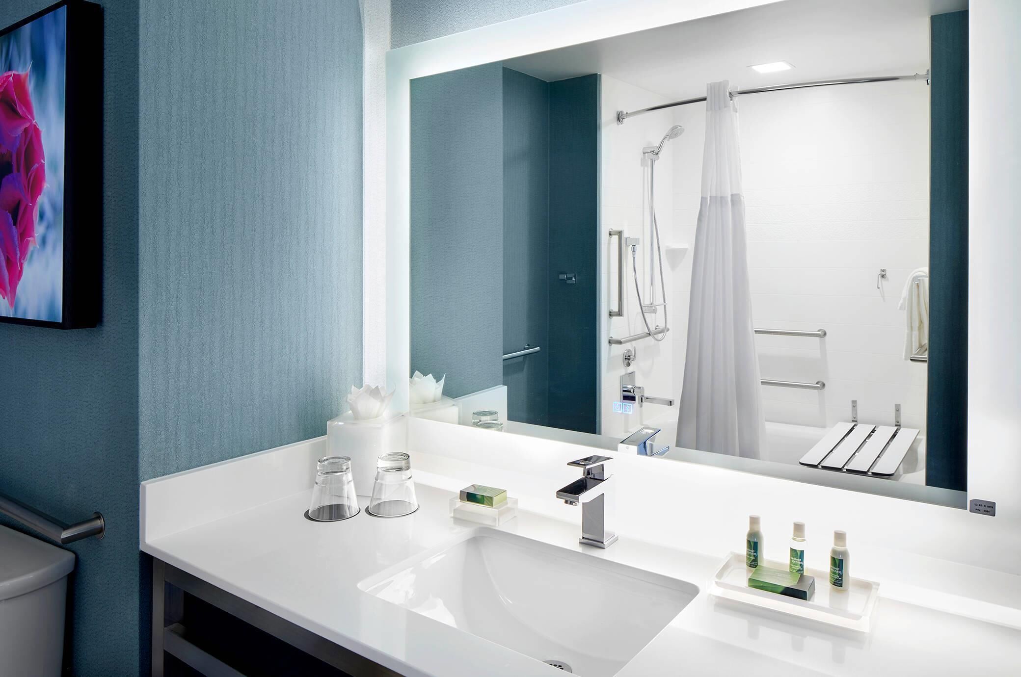 Une salle de bain moderne avec un lavabo blanc, un grand miroir, une douche avec un rideau et des toilettes.