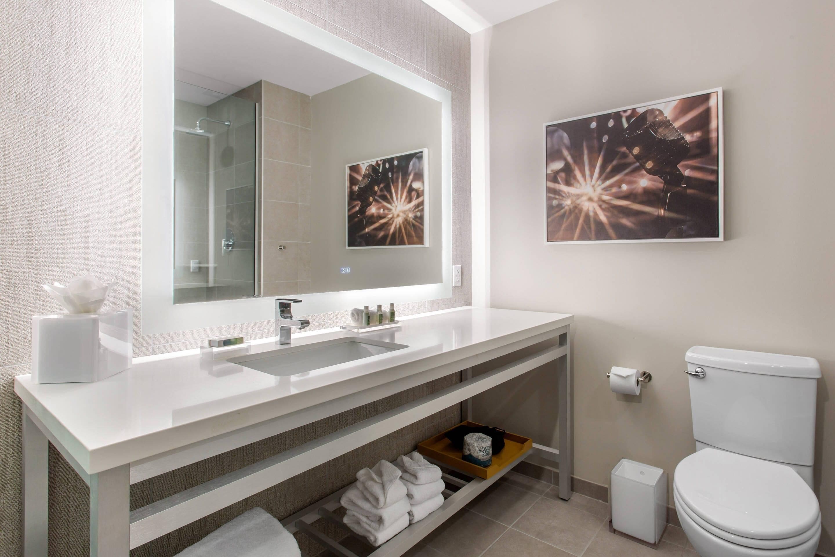 A modern bathroom with a large mirror, white sink, and toilet. There are two framed pictures on the wall, a towel rack, and a small trash bin.