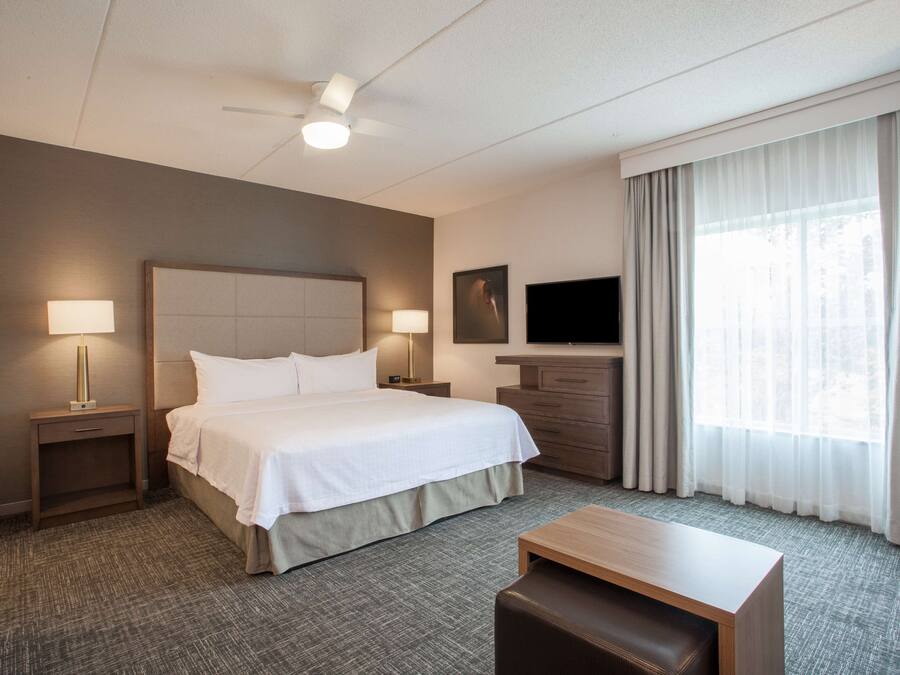 Habitación de hotel con una cama, dos mesitas de noche con lámparas, un televisor de pantalla plana, un aparador de madera, una pequeña mesa y un ventanal grande con cortinas.