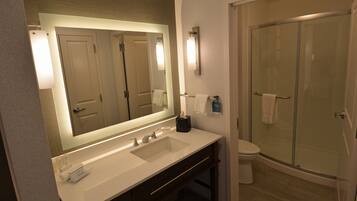 A modern bathroom with a large mirror, dual sinks, a toilet, and a glass-enclosed shower.