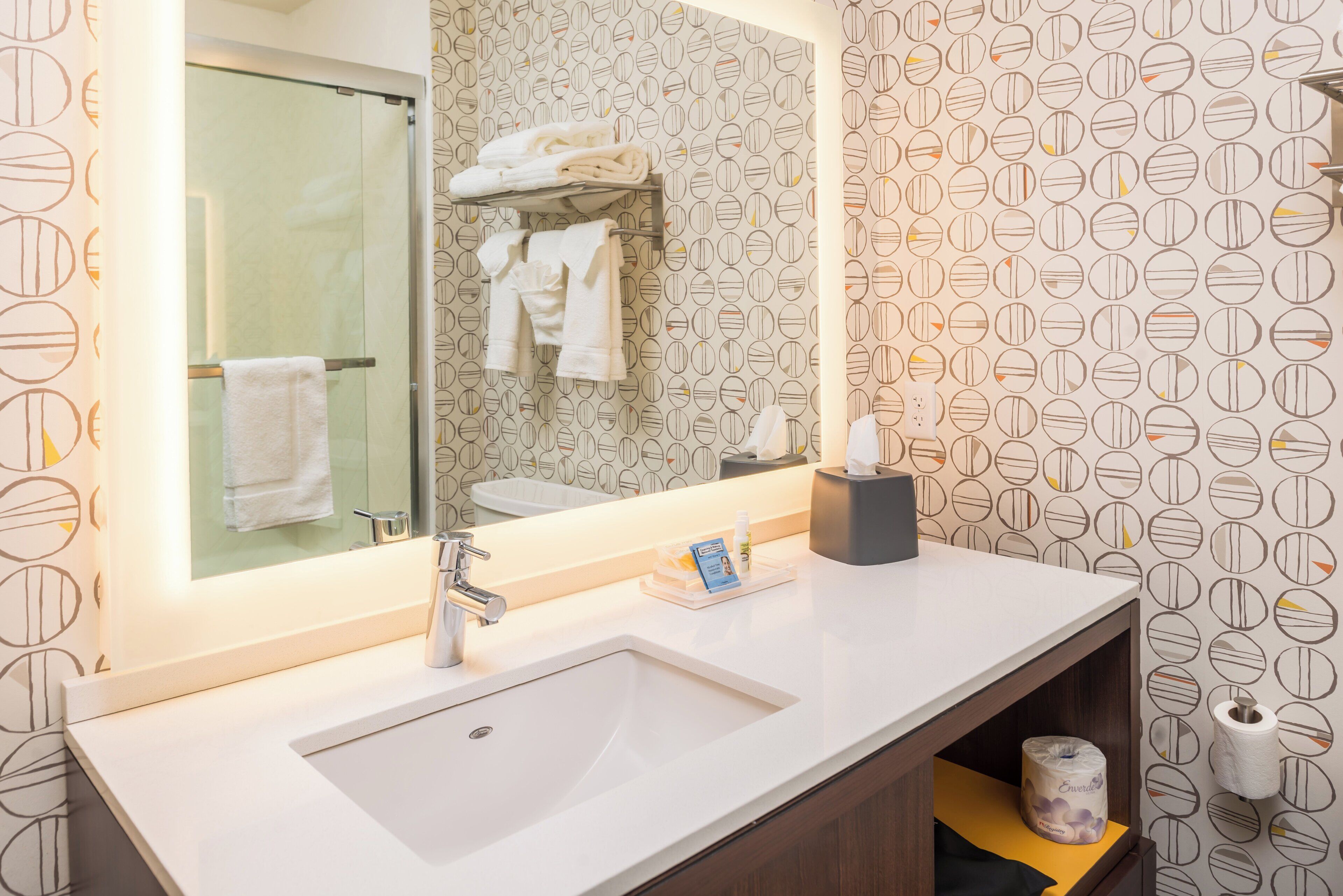 A bathroom with a large mirror, a sink, a towel rack, and a toilet paper holder.