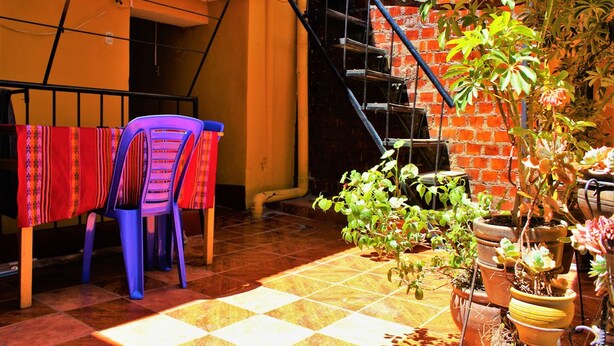 A patio with a checkered floor, a staircase, and potted plants. - Hostel Climbing Point (Independencia)