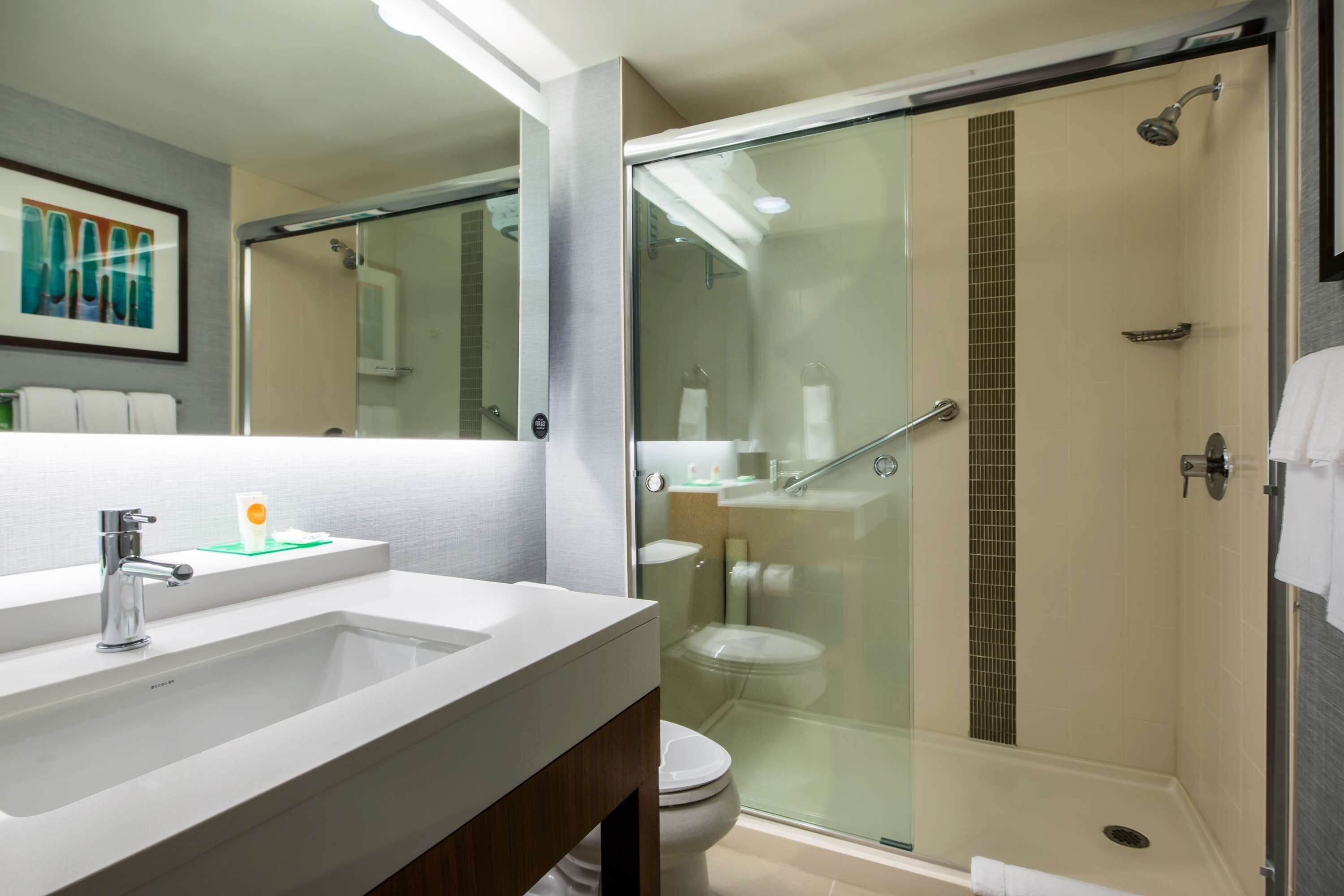 shower, designer toiletries, hair dryer, towels