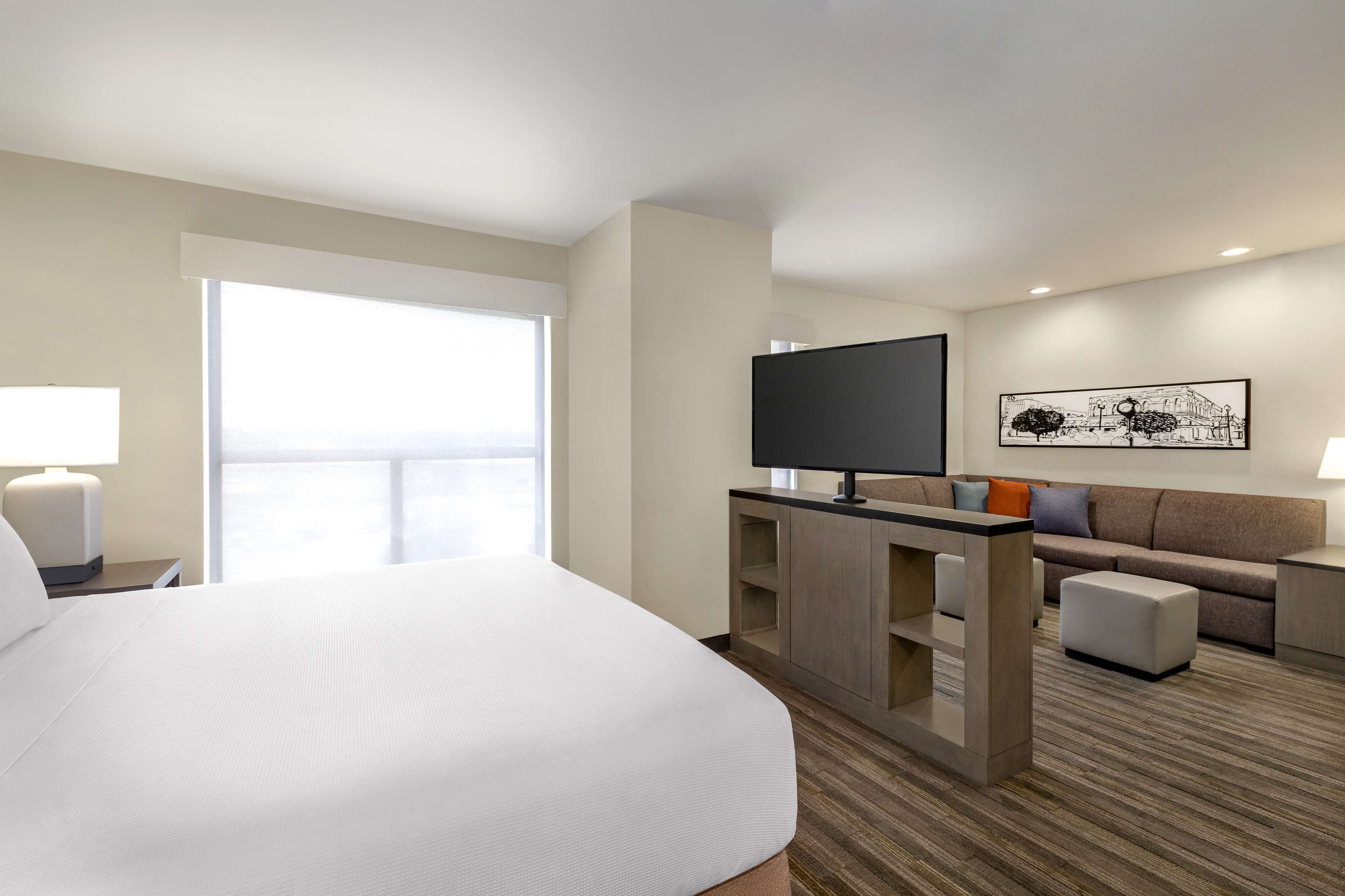 A hotel room with a large bed, a desk with a flat-screen TV, a sofa, and a window with a view.