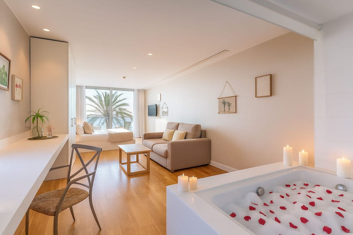 A modern living room with a sofa, a dining table, and a bathtub with rose petals.