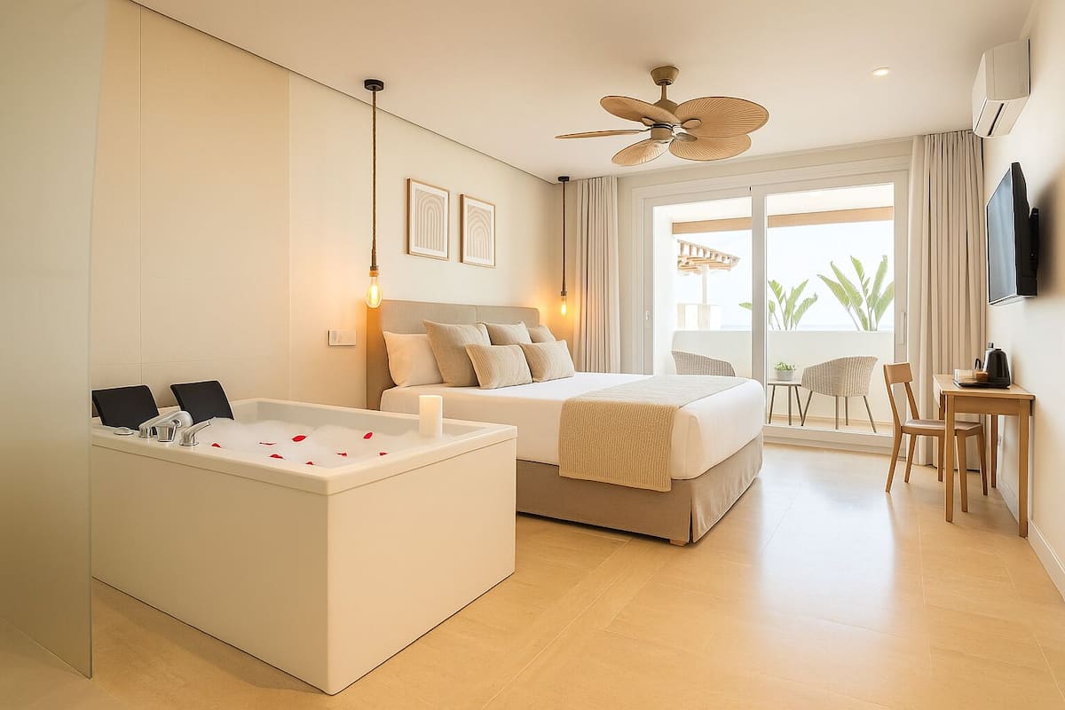 A modern hotel room with a large bed, a separate bathtub with rose petals, a ceiling fan, and a balcony with a view.
