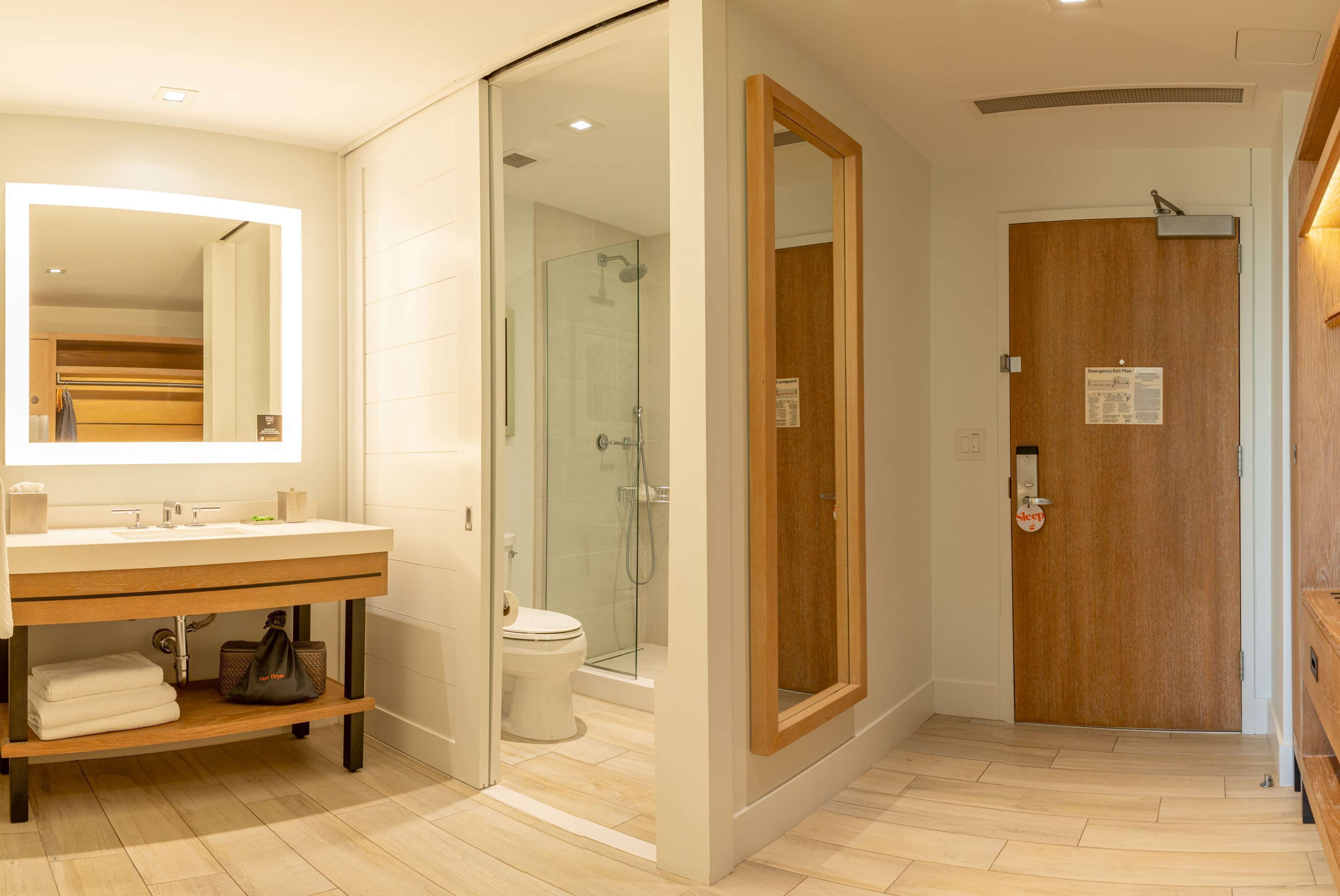 Une salle de bain moderne avec une douche à parois de verre, une porte en bois et un meuble-lavabo avec un miroir.