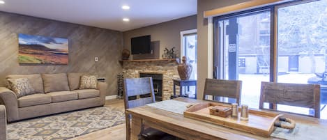 Condo, 1 Bedroom (Snowcreek #405 Phase III) | Living area | Flat-screen TV, fireplace, DVD player