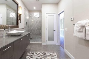 Shower, free toiletries, hair dryer, towels