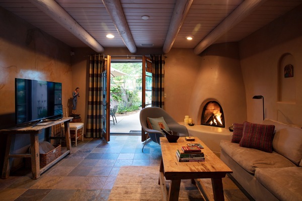 Smart TV, fireplace, books, music library