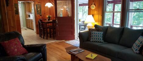 Smart TV, fireplace, DVD player, books