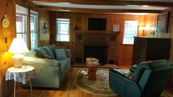 Smart TV, fireplace, DVD player, books