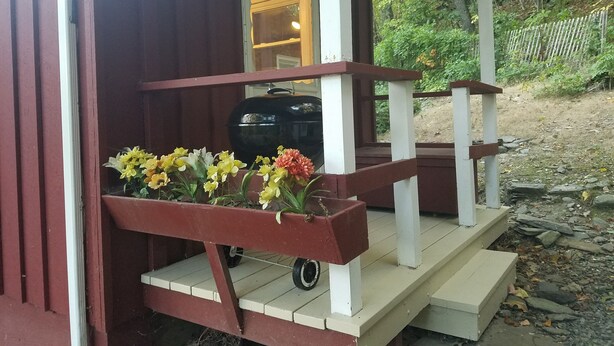Une cabane en bois avec une véranda, un barbecue et un jardinière.
