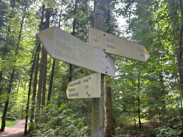 A directional signpost in a forested area with multiple arrows pointing towards various destinations.