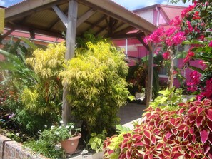 Stroll through the serene garden, surrounded by lush greenery and vibrant flowers beneath a charming pergola.