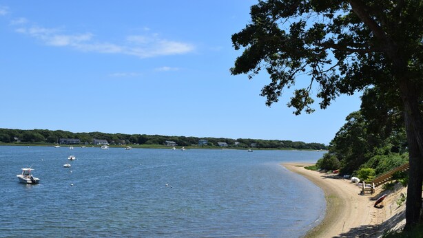 A beach with boats, a sandy shore, and a forested area. - Falmouth - walk to beach, walking path, close to downtown, private yard (Falmouth)