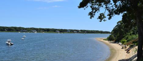 Nära stranden och solstolar