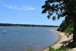 Ein Strand mit Booten, sandigem Ufer und einem bewaldeten Gebiet.
