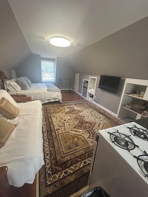 A compact room with a bed, a sofa, a television, a gas stove, and a window.