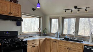 A kitchen with wooden cabinets, a black stove, a sink, and a window overlooking a wooded area. - Private & unplugged.  Near Fallingwater, GAP and Ohiopyle. 5-star reviews (Fort Hill)
