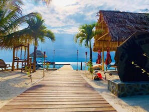 On the beach, sun loungers