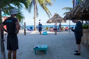 On the beach, sun loungers
