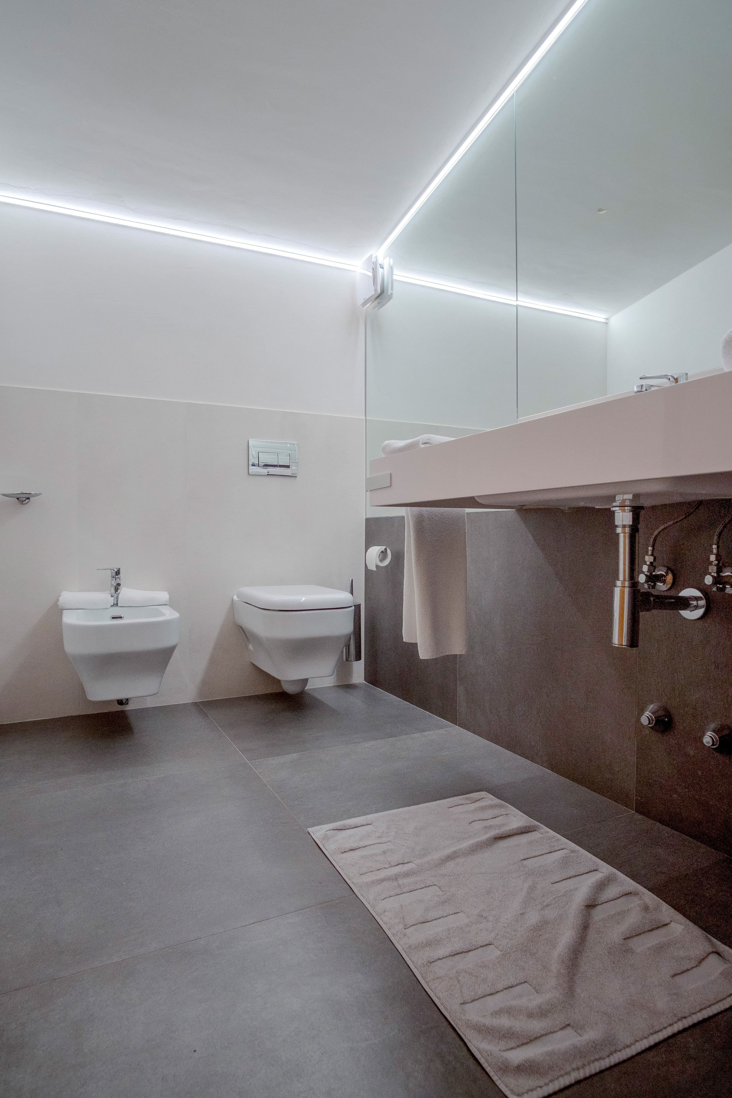 Een moderne badkamer met twee wastafels, een toilet, een handdoekhouder en een spiegel.