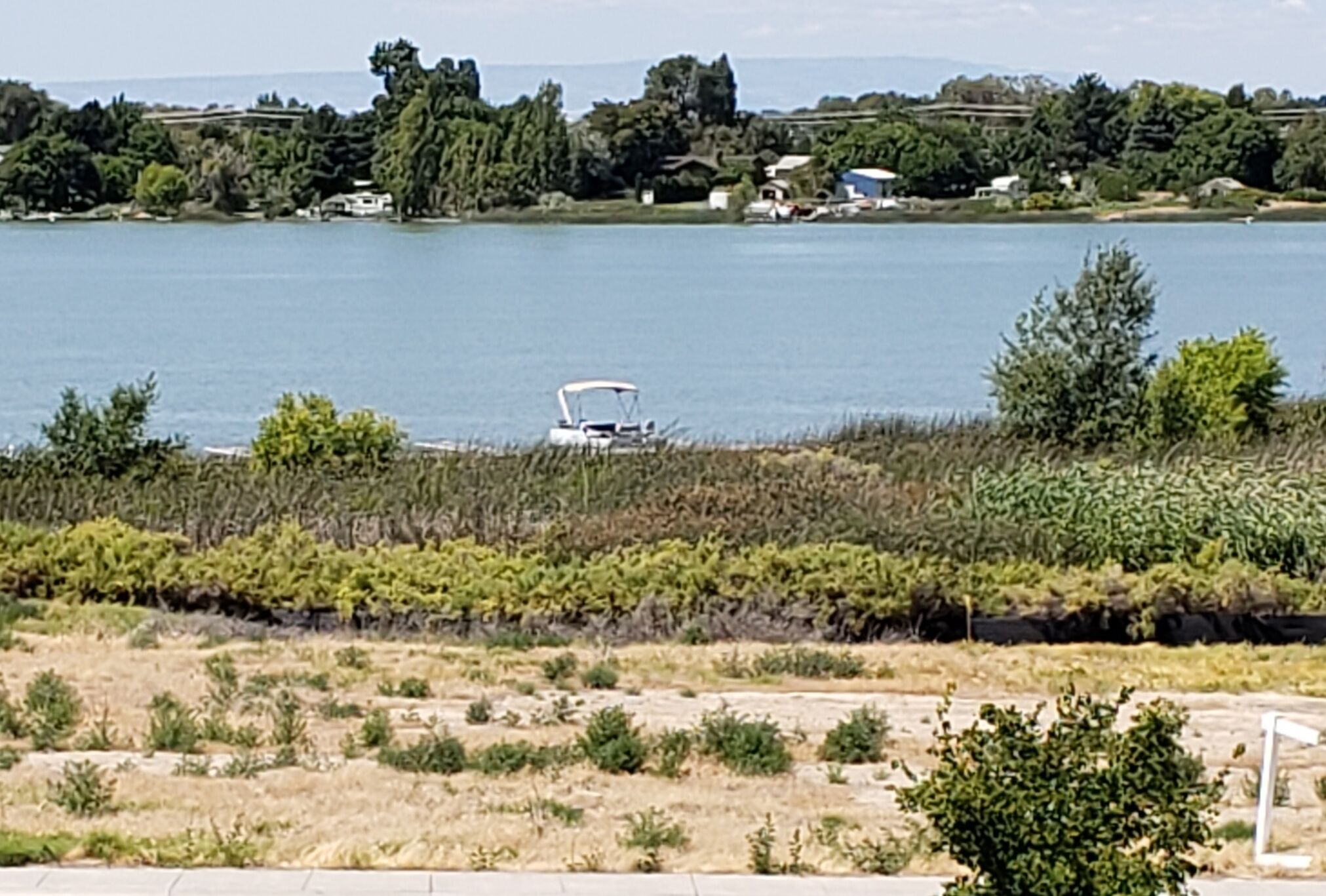 Un lago con un bote, rodeado de vegetación y casas al fondo.