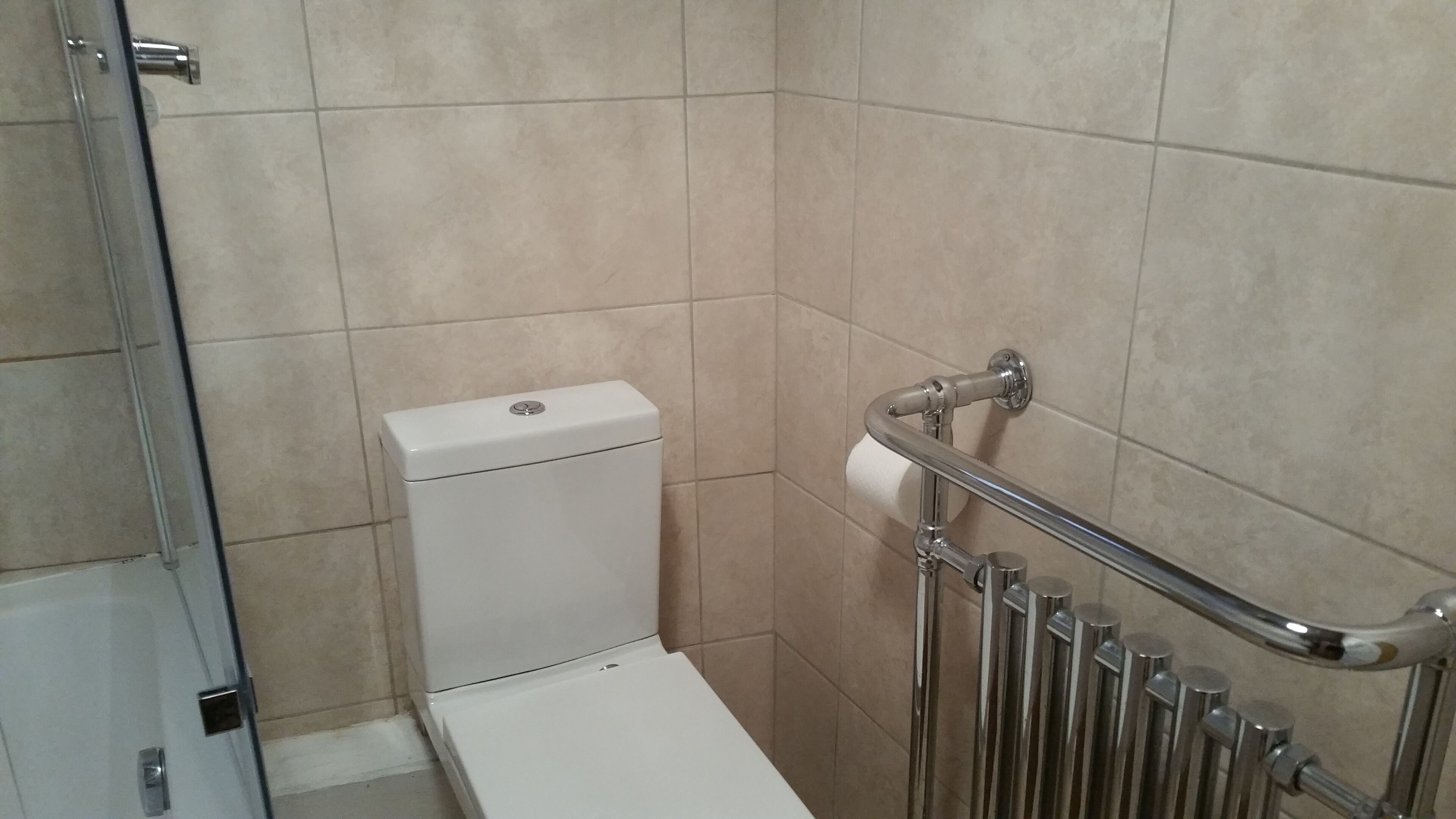 A bathroom with a toilet, a handrail, and a radiator.