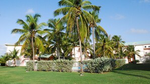 Un resort tropical con palmeras, un césped cuidado y un edificio de fachada clara.