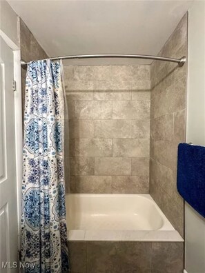 Combined shower/tub, hair dryer, towels, toilet paper