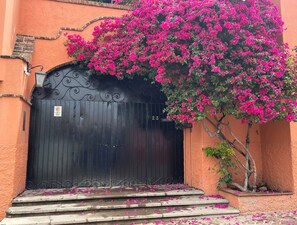 Um portão preto com uma placa, uma árvore com flores cor-de-rosa e degraus que levam a um edifício.