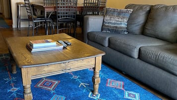 TV, fireplace, video library