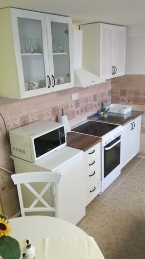 Frigorífico, microondas, horno y placa de cocina