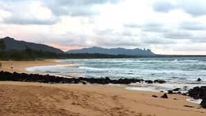 On the beach, sun-loungers, beach towels