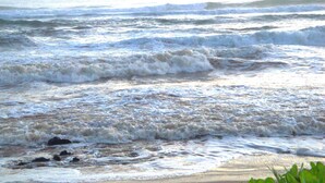 A beach with waves crashing onto the shore.