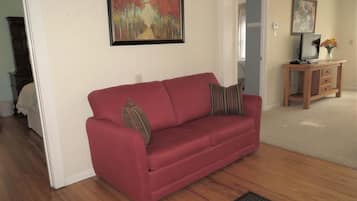 A red sofa with two pillows, a wooden cabinet with a laptop, and a painting on the wall.