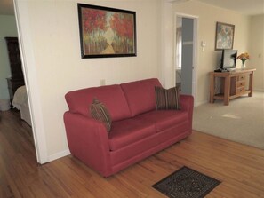 Un canapé rouge avec deux coussins, un meuble en bois sur lequel se trouve un ordinateur portable, et un tableau accroché au mur.