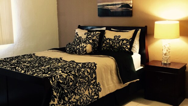 A bedroom with a bed, a nightstand, an air conditioning unit, a painting, and a lamp. - 2 bdrm 1 ba PRIVATE APT-close to NAVY BASE-SAVE MONEY Book now! Free internet (Sinajana)