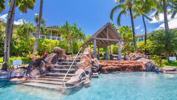 Una piscina cristallina blu con un gazebo di legno, circondata da palme e rocce.