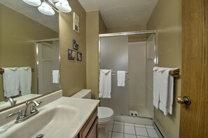 A bathroom with a sink, toilet, and glass shower enclosure. - Cimarron Chalet (Breckenridge)