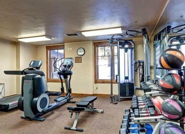 A gym with treadmills, elliptical machines, a bench, and a variety of dumbbells.