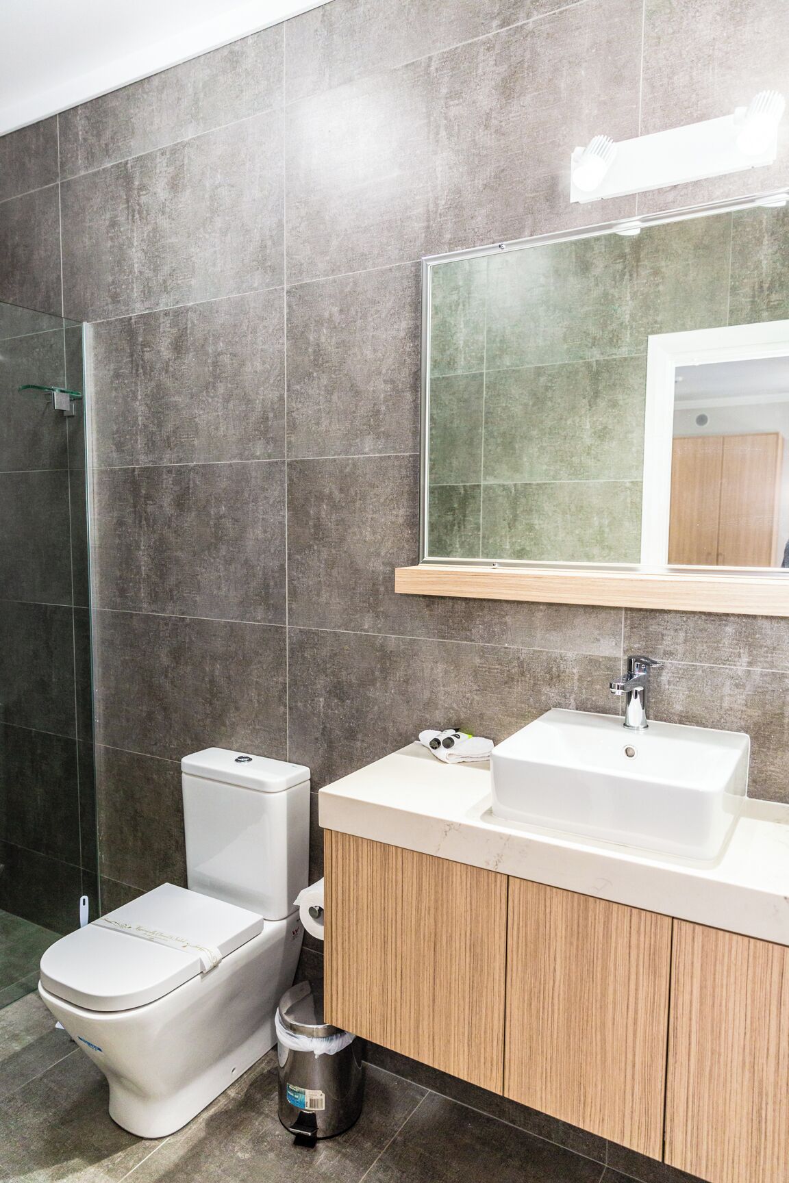 A modern bathroom with a toilet, sink, and shower area.
