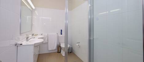 A modern bathroom with a glass shower enclosure, a white sink, and a toilet.