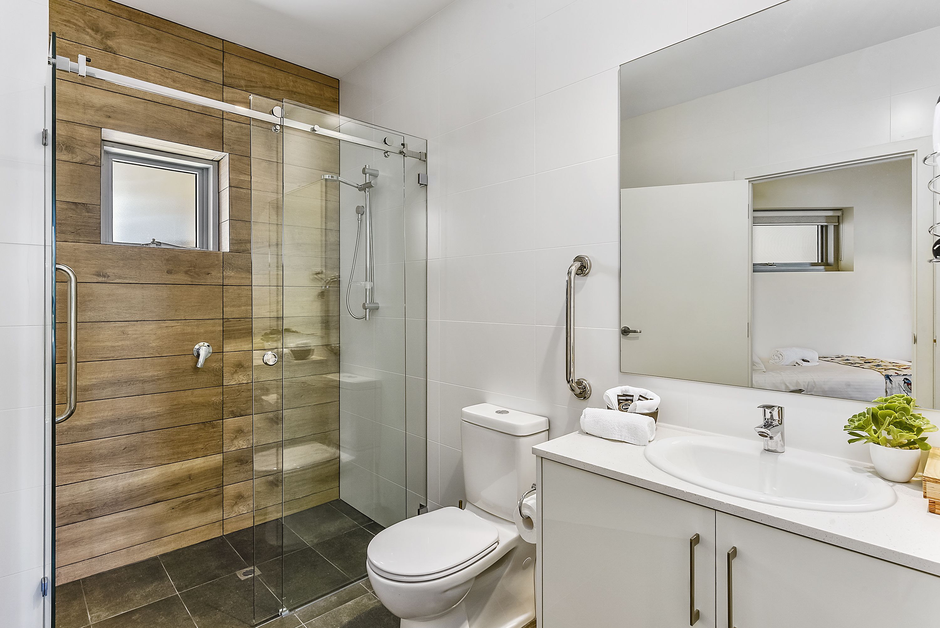 A modern bathroom with a glass shower enclosure, a toilet, a sink with a mirror, and a potted plant.