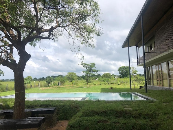 Una piscina con vistas a un paisaje cubierto de césped y un edificio con amplios ventanales.